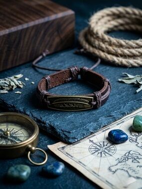 Hand Crafted Brown Leather Bracelet with Brass Feather Plate